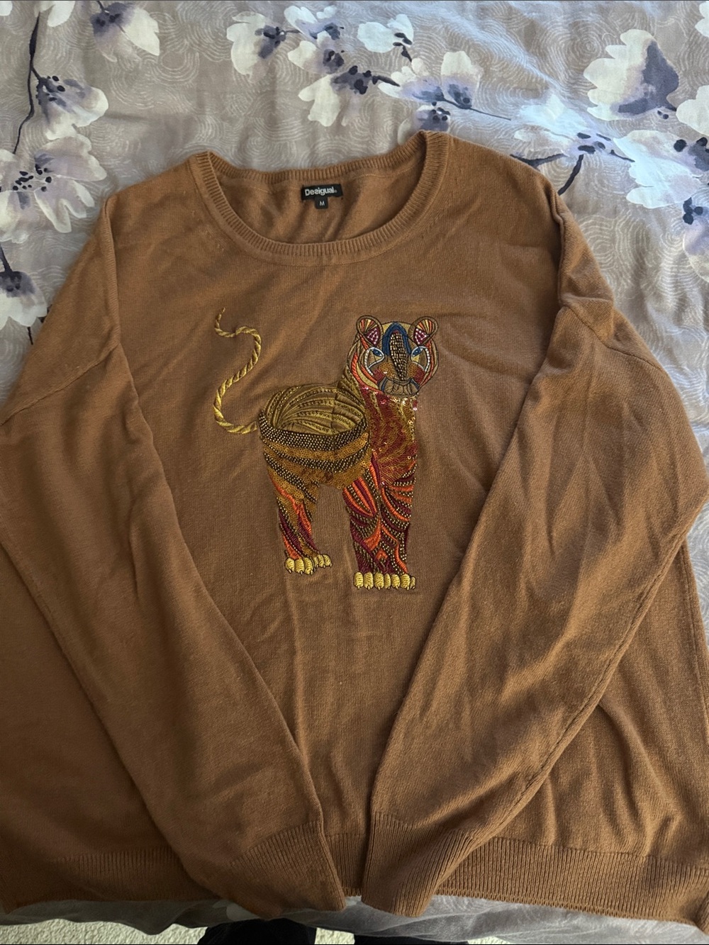 Desigual Brown women Sweater with Multicolor Embroidered Lion